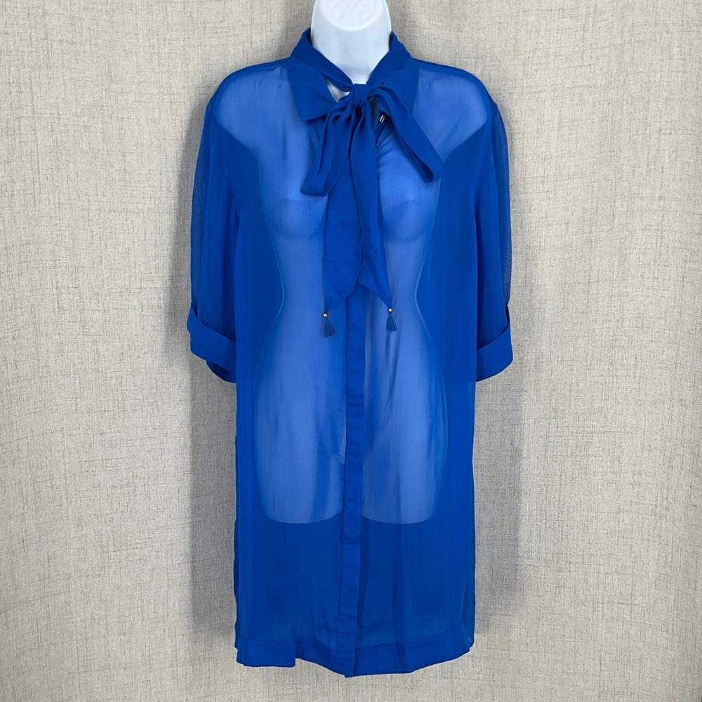Trina Turk Swim Cover Up Dress Womens Small Blue Sheer Tie Neck Luxury NEW